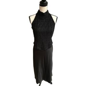 Papell Boutique 100% Silk Beaded Evening Top Black Halter Tank Sz Small Party